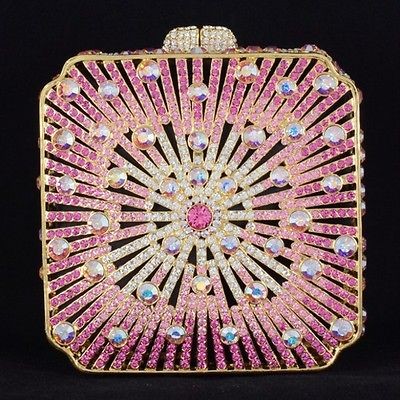 Luxurious Square Pink Clutch Evening Handbag Purse Bag W/ Swarovski 