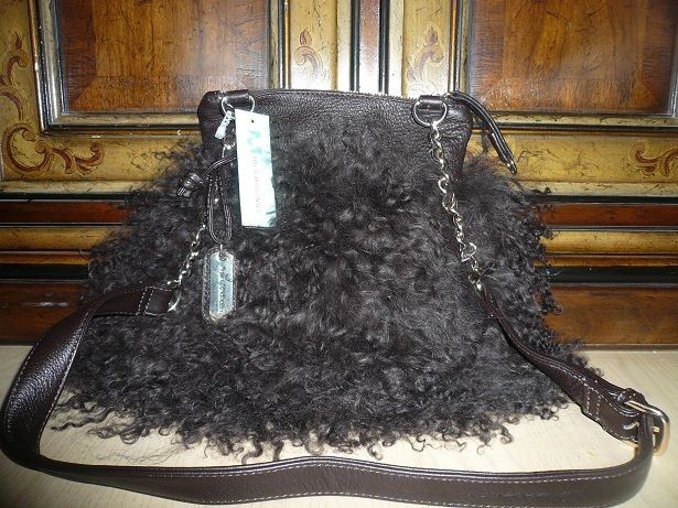 NWT AQUA MADONNA brown sheep shearling hair fur leather cross body bag 