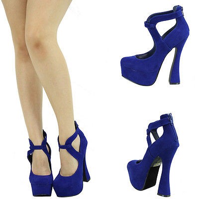   BLUE ROUND TOE MARY JANE THICK HIGH HEEL PLATFORM STILETTO PUMP SANDAL