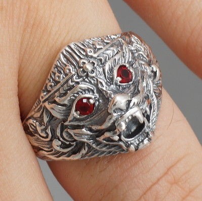 ART HANUMAN MONKEY KING RUBY EYE 925 STERLING SOLID SILVER MENS RING 