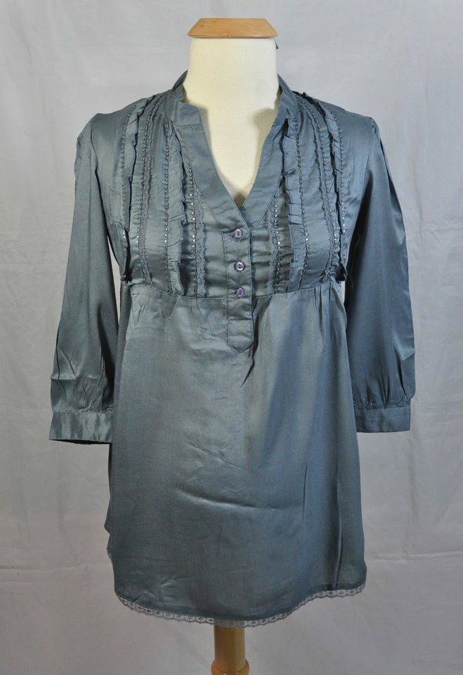 Amazing NEW Embellished Maternity Gray Tuxedo Shirt Top Blouse 