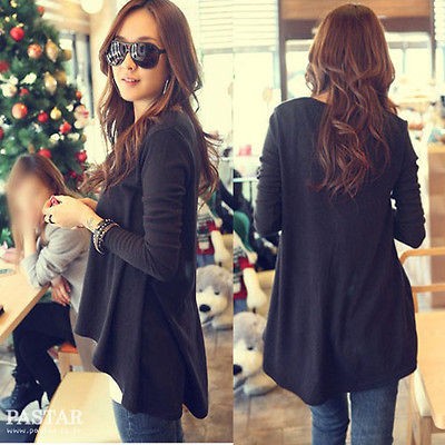 Black Asymmetric Hem Neck Swing Loose blouse long sleeve Tops size XL 
