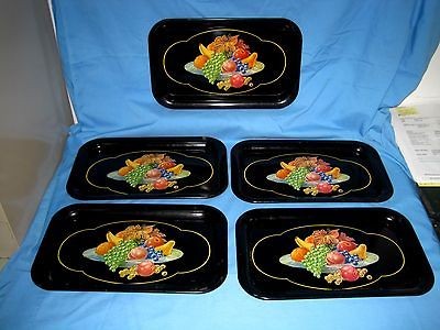   Tin Litho Serving/Lap/TV TRAYS Black W/Fruit/Gapes/​Leaves