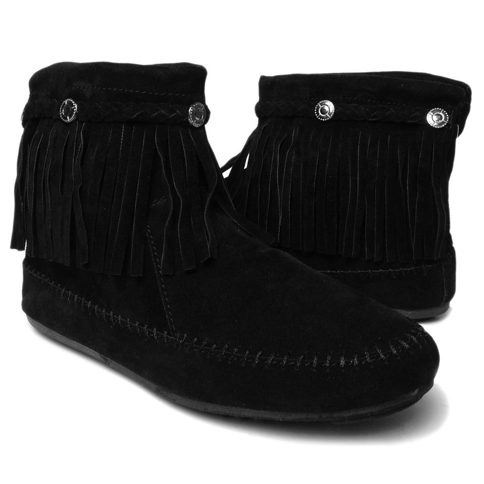 NEW Womens Fringe Moccasin Tribal Western Flat Heel Ankle Boots BLACK 