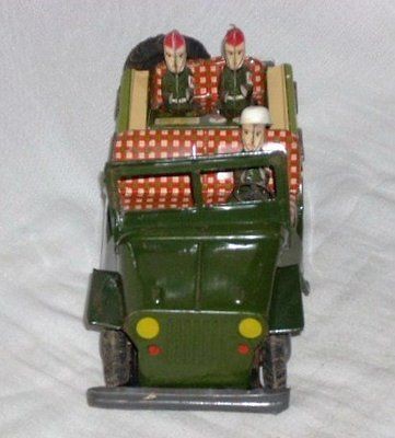 Vintage Toy Tin Lithograph Military Police Jeep w/ 3 Soldiers 