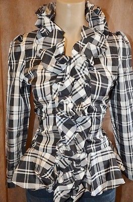 NEW S 8 Boston Proper Dramatic Romantic Frilly Black & White Plaid 