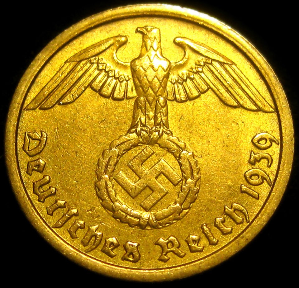    1939G Go​ld Coloured Ten Reichspfennig ​Actual Third Reich Coin