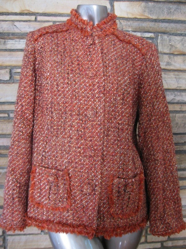 Chicos Blazer Boucle Sz 2 L Orange Fringe Brown Nehru Collar