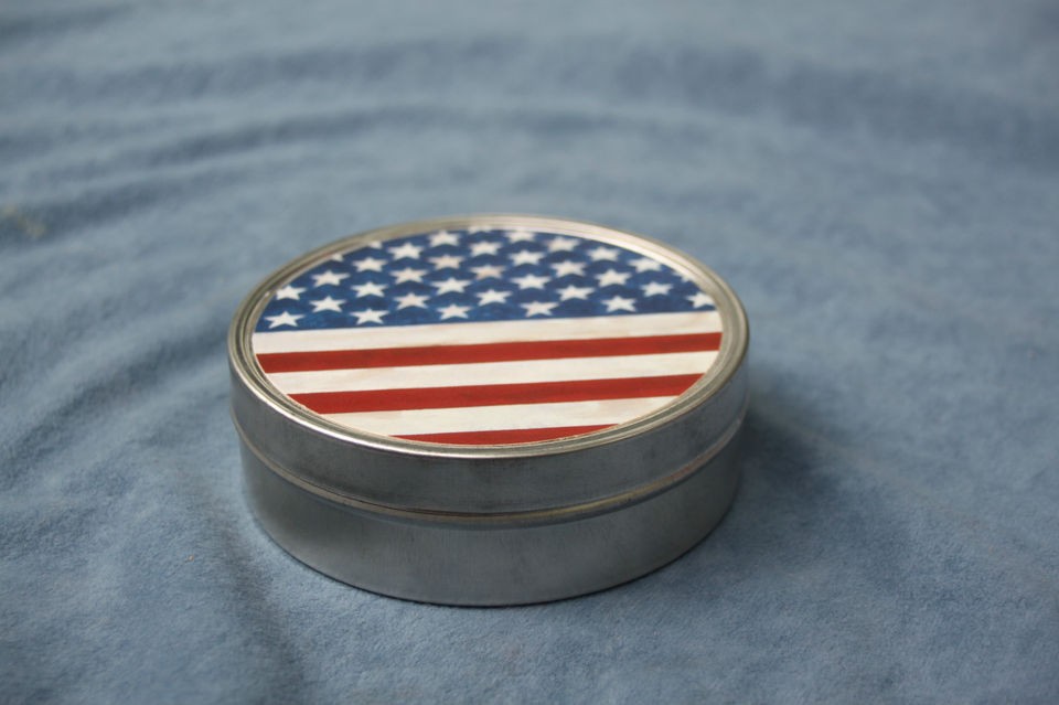 Set of 6 Cork Coasters, American Flag. Round Coasters in a Metal Tin 