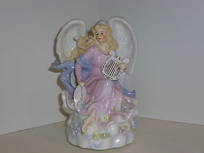 MUSIC BOX PORCELAIN  ANGEL WITH HARP  HARK THE HAROLD ANGEL SINGS