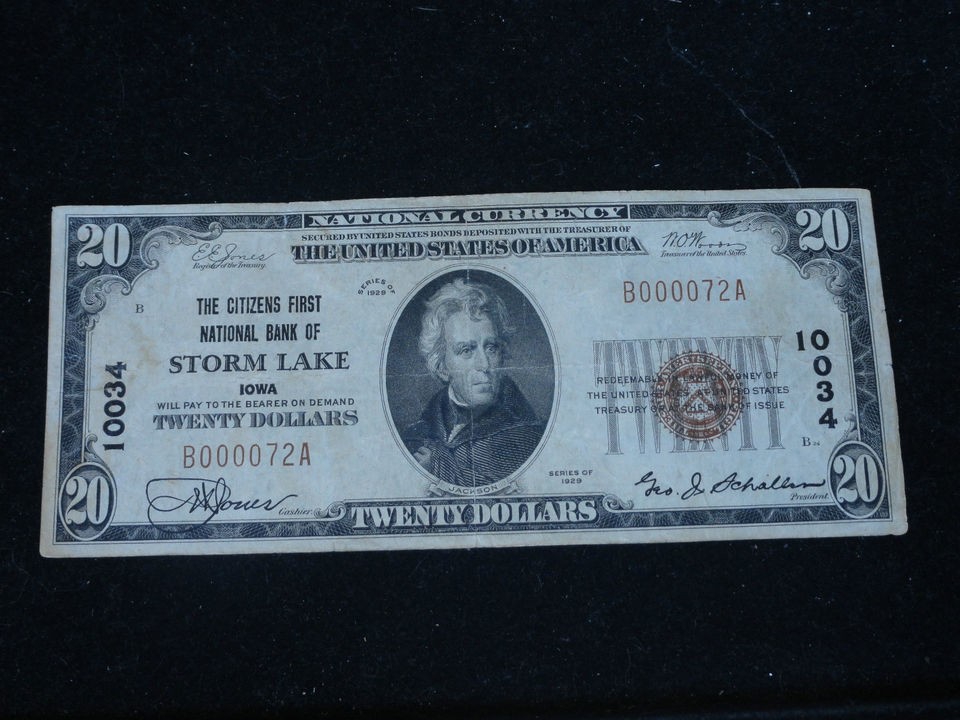 STORM LAKE IOWA $20 NATIONAL BANKNOTE SERIES 1929 TYPE 1 GRADED VF 