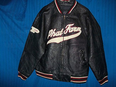 USED PHAT FARM LEATHER JACKET BLACK RED BASEBALL STYLE COAT RARE 2XL 