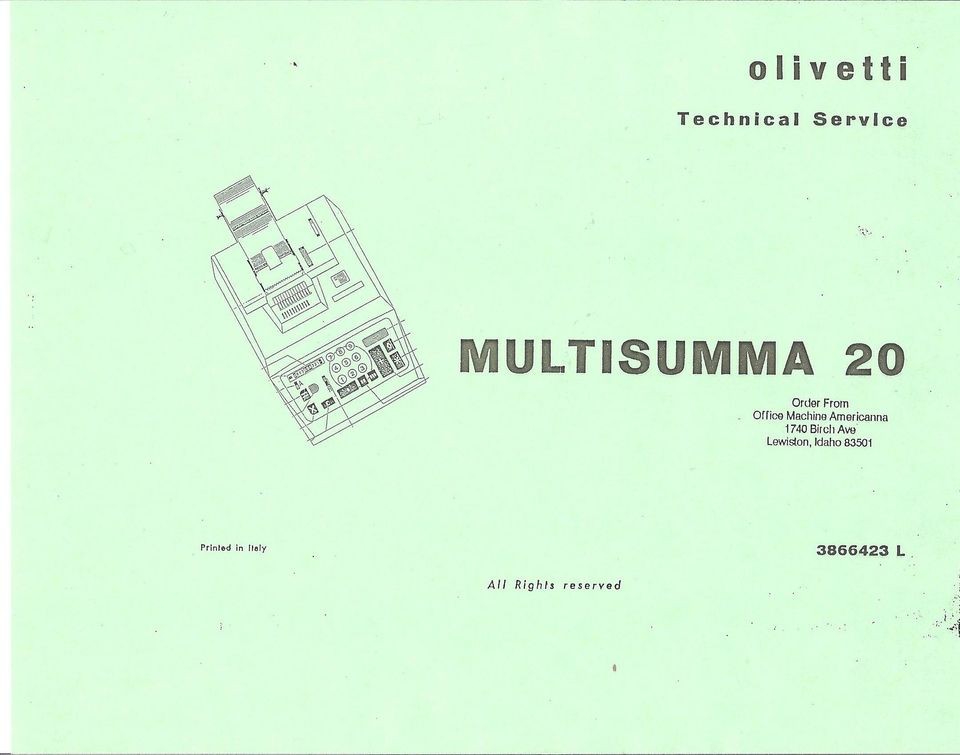 OLIVETTI MULTISUMMA 20 ELECTRIC ADDING MACHINE SERVICE MANUAL