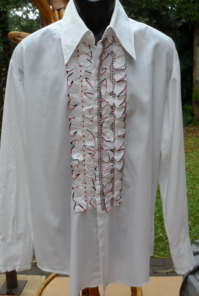 Wild Vintg 70s 80s Tux Shirt w/Red/Wht/Blk Ruffled Front Flashdance 