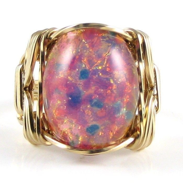 harlequin fire opal glass cab ring 14k rolled gold one