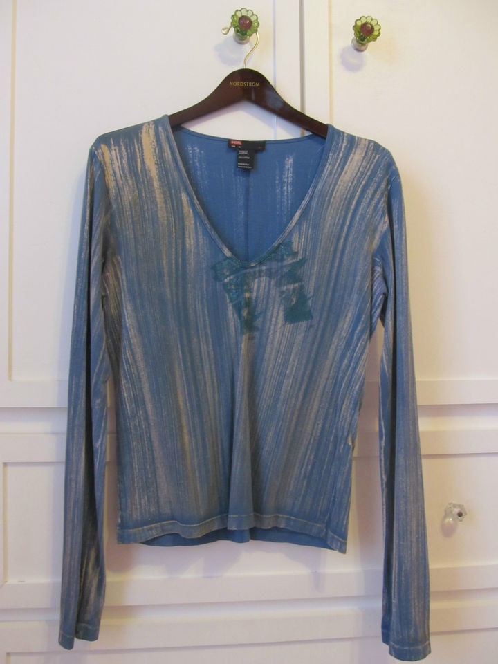 DIESEL BLUE DISTRESSED LONG SLEEVE V NECK COTTON T SHIRT SIZE XL