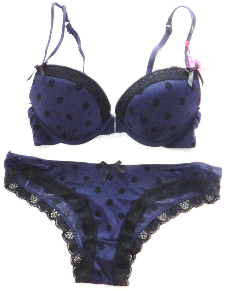 PRIMARK Polka Dot Gel Bra SET Push Up Plunge Knickers Pants Black 