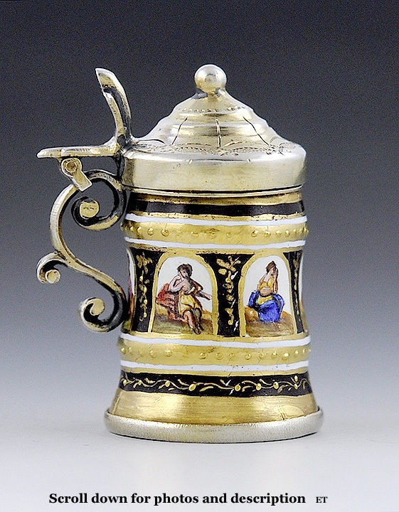 QUALITY AUSTRIAN ENAMEL STERLING SILVER GILT TANKARD FORM VINAIGRETTE 