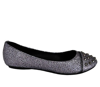   CLASSIFIED GLORIA S PEWTER GLITTER STUDDED SPIKE CAP TOE BALLET FLATS