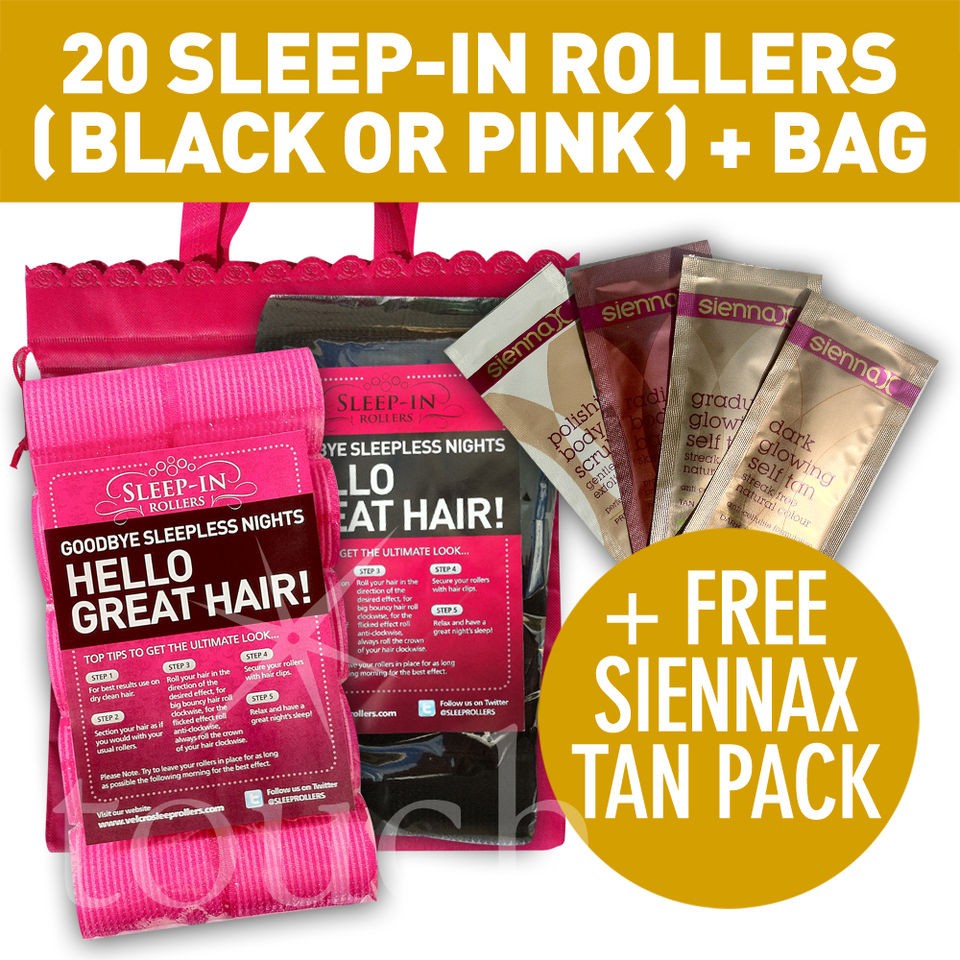 20 VELCRO SLEEP IN ROLLERS BLACK OR PINK + PINK BAG + SIENNA X TAN 