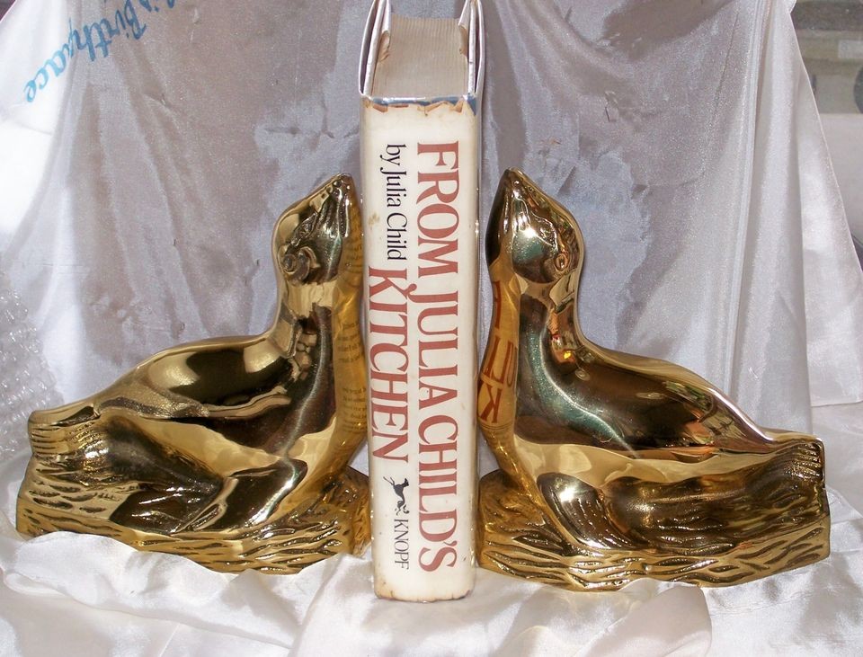 EXQUISITE PAIR OF LARGE BRASS SEAL / SEA LION BOOKENDS ~ VERY HEAVY