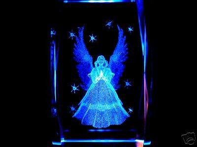 3D LASER ETCHED CRYSTAL PRAYING ANGEL STARS + Free Light BASE