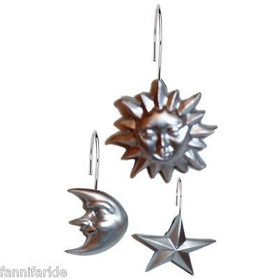 SUN   MOON   STARS SHOWER CURTAIN HOOKS   HAND PAINTED SILVER ~ SET of 