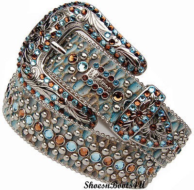 bb simon BELT SWAROVSKI TOPAZ CRYSTAL SILVER COWBOY BUCKLE B B L 34 