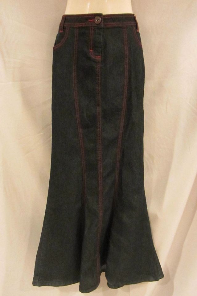 NEW~BISOU BISOU~Dark Denim Jean Red STretch Long Flared Mermaid Ankle 