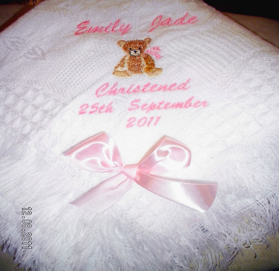 PERSONALISED BABYS CHRISTENING SHAWL + FREE BIB TEDDY design