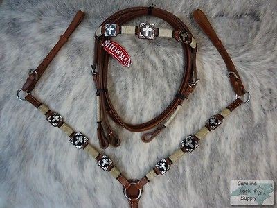 Medium Oil Square Cross Concho Bridle Breastcollar and Reins Set NEW 