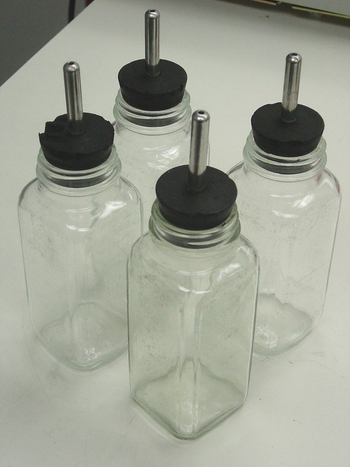 Small glass animal watering bottles stoppers, s.s. tubes, 250 ml (8 