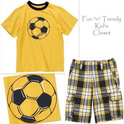   BOY SIZE 5 & 6 OUTFIT LOT SET PLAID SHORTS SOCCER BALL TEE SHIRT TOP