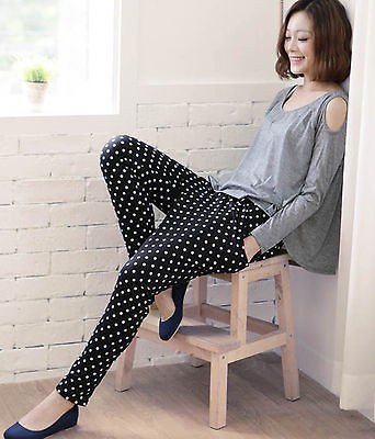 White Polka Dots Pockets Stretchy Black Trousers Polyester Harem Pants 