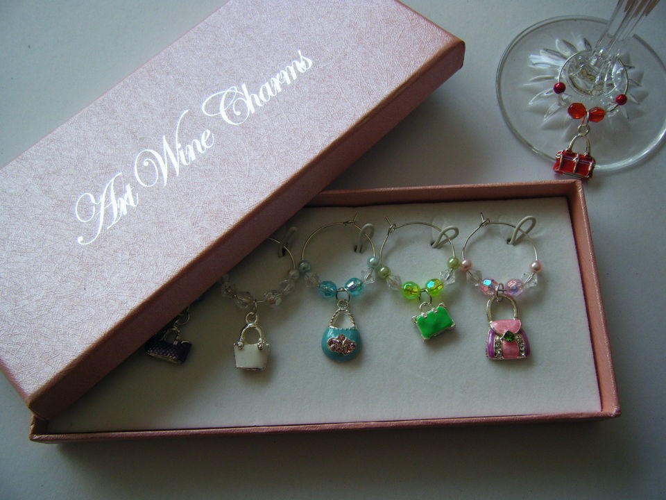 boxed set 6 enamel handbag wine glass charms ideal gift dinner party