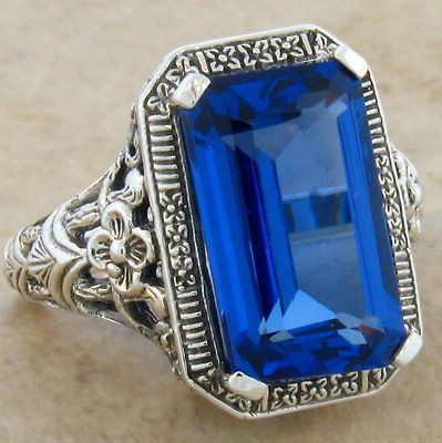 CT. BLUE TOPAZ ANTIQUE DECO DESIGN .925 SILVER FILIGREE RING SIZE 10 