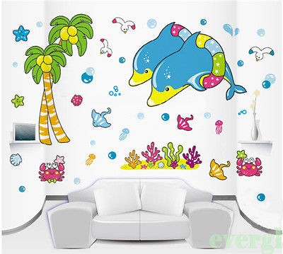 Dolphin Fish Under Sea Removable PVC Wall Sticker Decor Crab Shell 