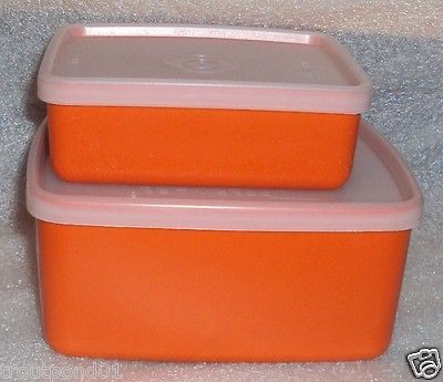 New TUPPERWARE Vtg Retro Orange Square Rounds Containers Set of 2 