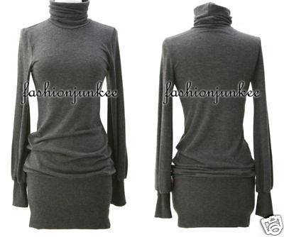 GREY Knit TURTLENECK Sweater Mini Dress Long Sleeve Sexy Tunic Top New 