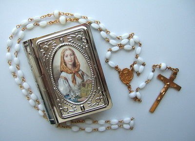 Vintage Catholic Glass Rosary in ST. DYMPHNA metal picture box