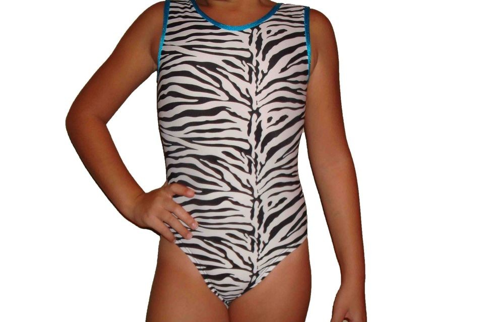New girls gymnastic leotard black/white animal with turquoise piping