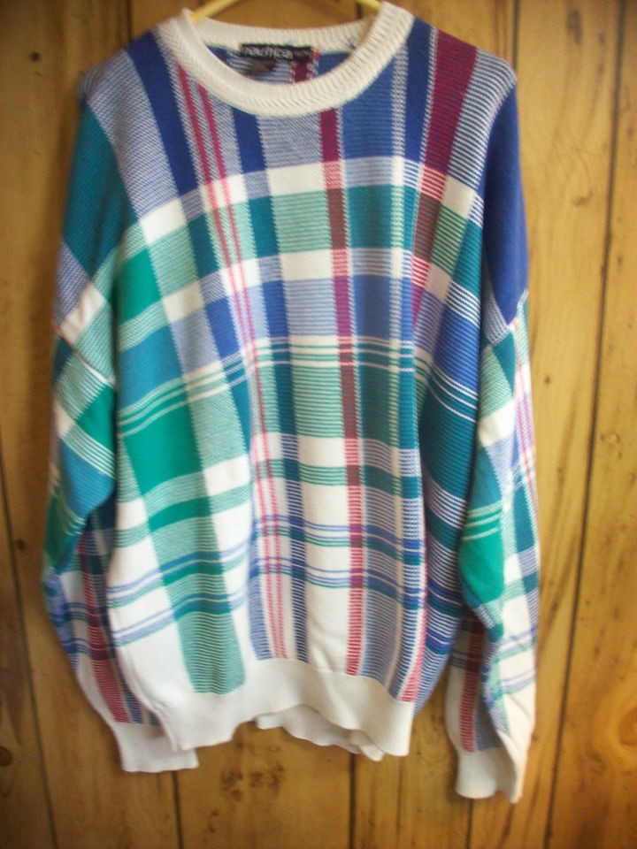 NAUTICA SZ XL VINTAGE MANS SWEATER COTTON PINK BLUE GREEN PLAID GENTLY 