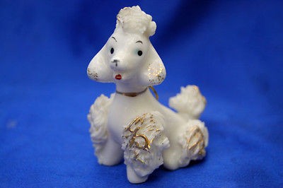 Vintage Porcelain FAncy Poodle dog w gold loop, gold accents & Great 