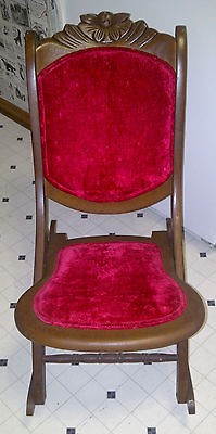   Vintage Folding Sewing Rocker / Rocking Chair   Walnut and Red Velvet