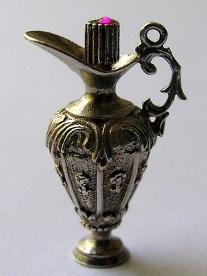   ENGLISH SILVER FLORAL JEWELED PITCHER PERFUME BOTTLE CHARM ~ Top Opens