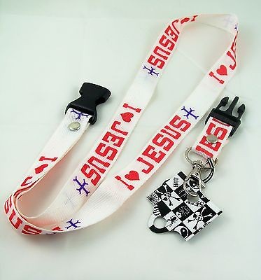 New I Love Jesus White Red Key Chain Neck ID Holder Lanyard