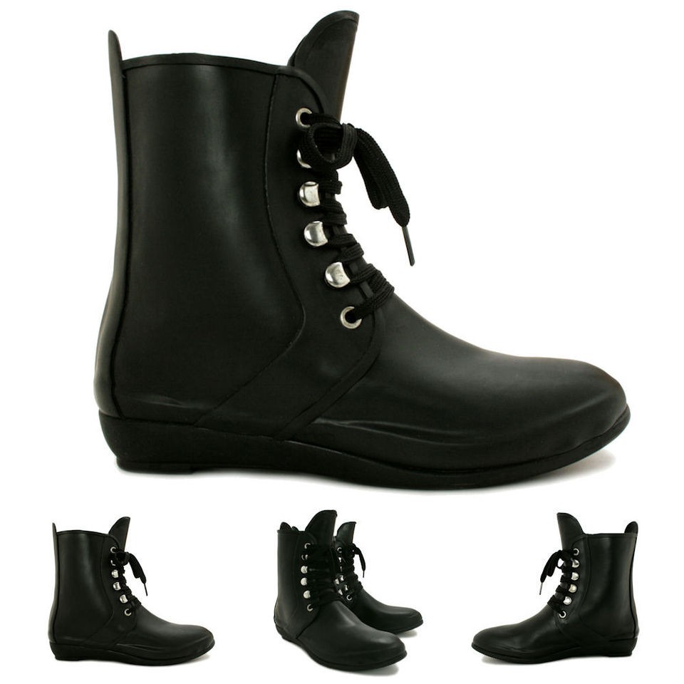 NEW WOMENS FLAT WELLIES WELLINGTON RAIN LACE UP BIKER ANKLE BOOTS SIZE