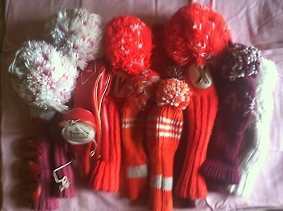 14 PC VINTAGE GOLF CLUB HEADCOVERS LOT PURPLE POMS + RED VINYL +AJAY 