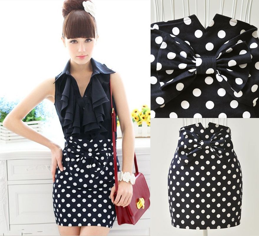 Sexy Summer OL Women Girls Polka Dots Black Bowknot Mini SKirt Skirts