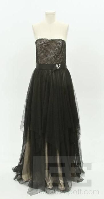 ABS Allen Schwartz Black Lace Swiss Dot Overlay Strapless Gown Size 12 